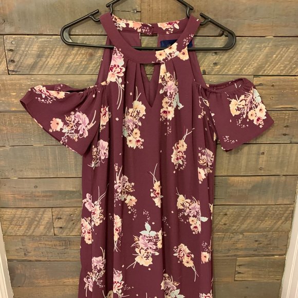 Purple Floral Shoulder Cutout Dress - Picture 1 of 2